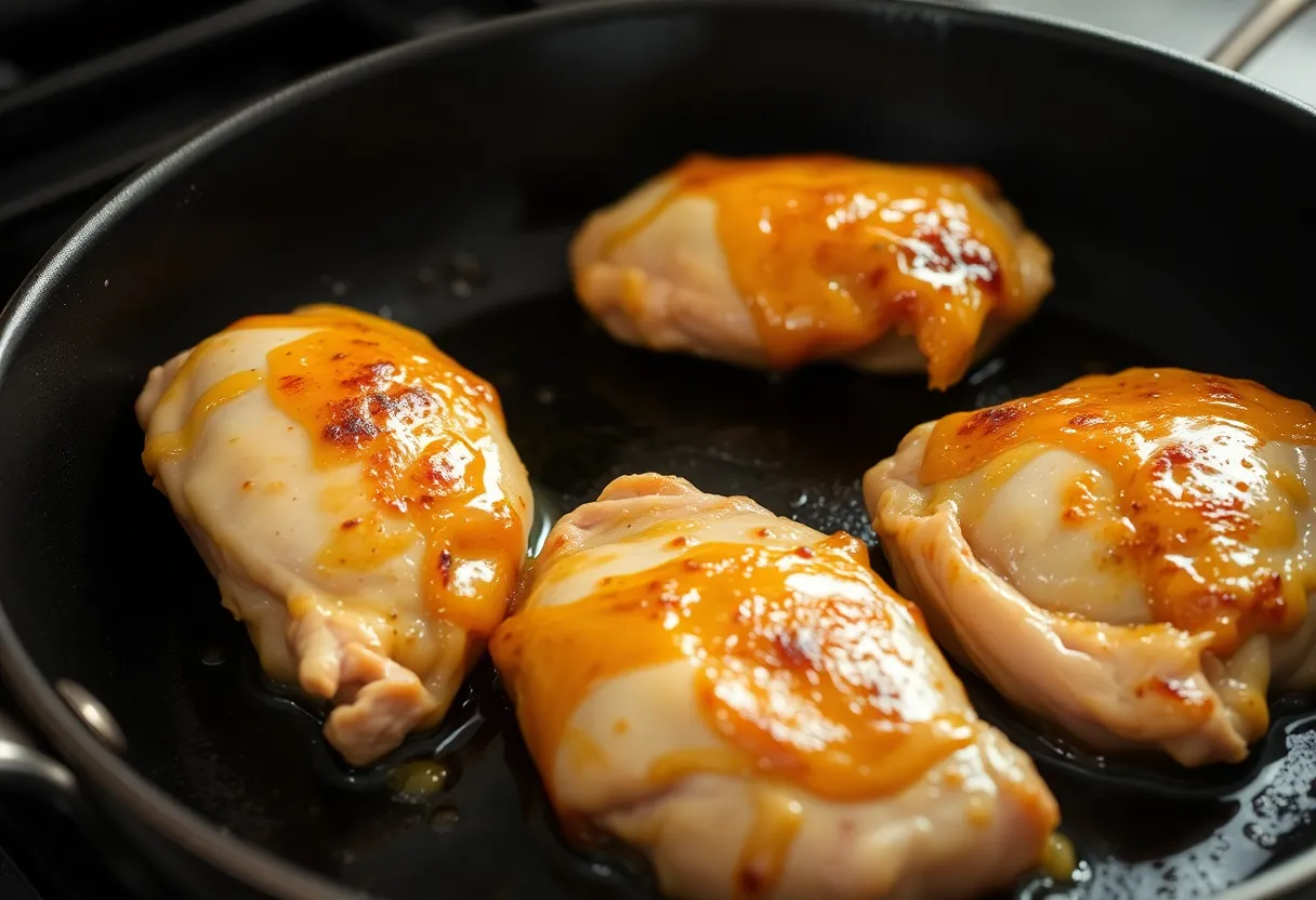 Chicken thighs searing skin-side down in a hot skillet with golden, crispy skin