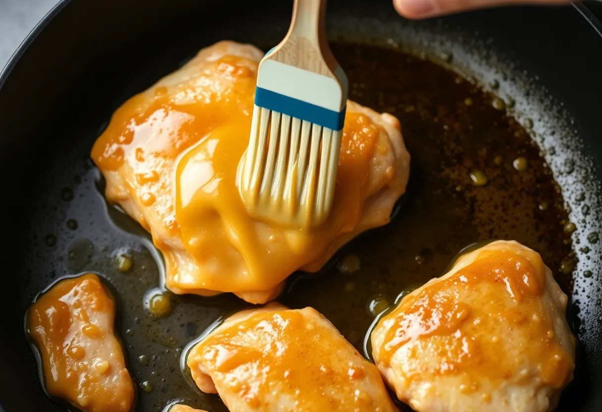 Chicken thighs flipped in skillet being brushed with glossy honey mustard glaze