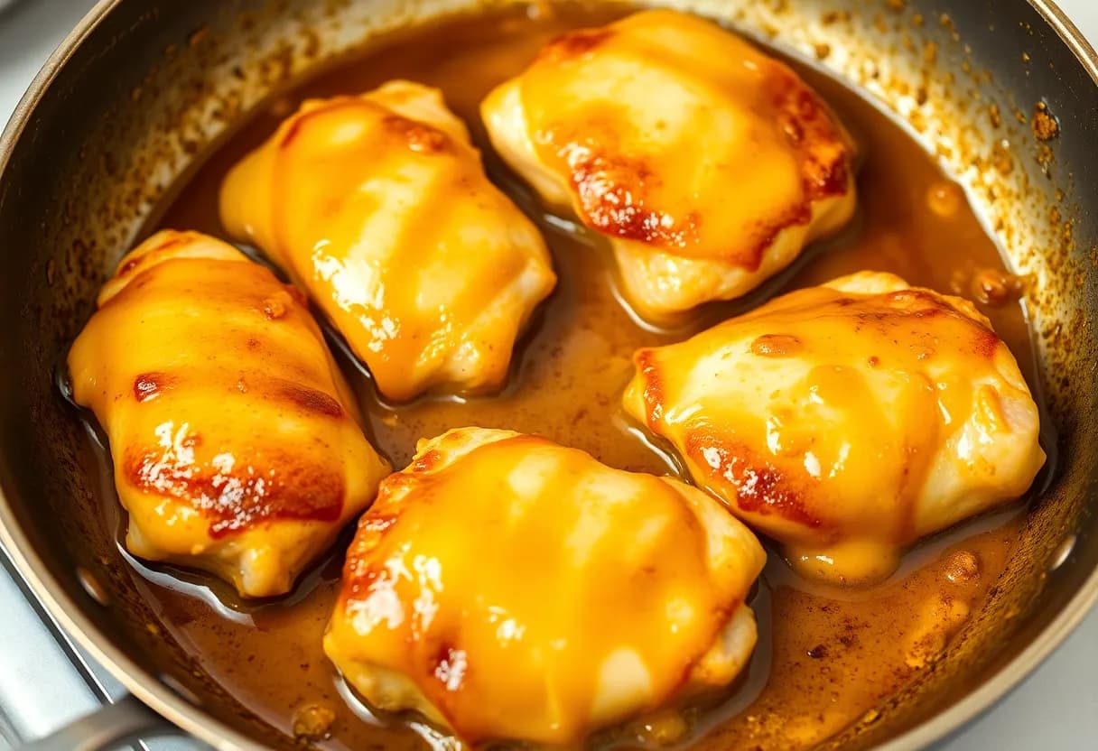 Finished chicken thighs in skillet with caramelized honey mustard glaze, golden and glossy