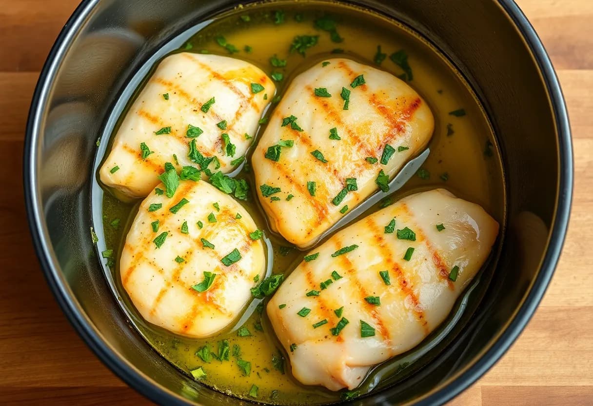 Bowl with golden olive oil marinade mixed with green herbs and lemon juice