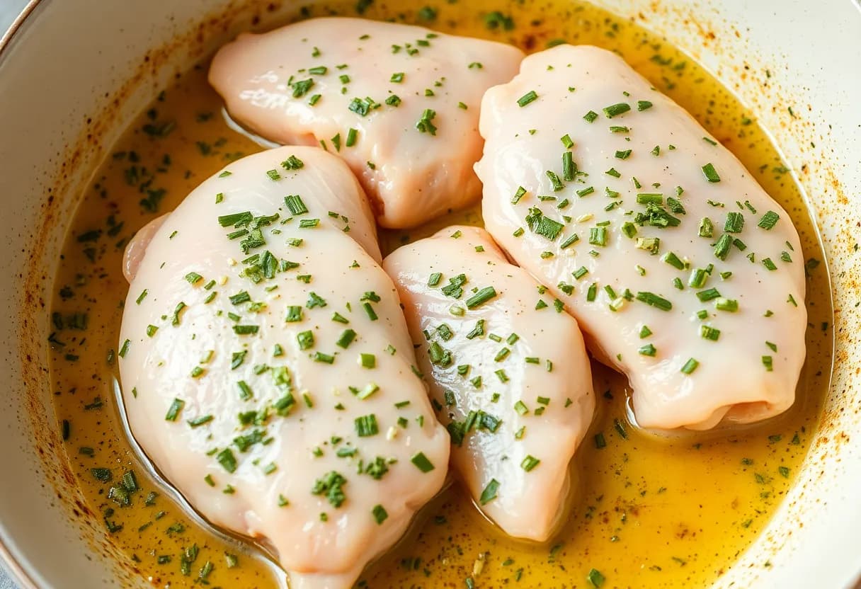 Raw chicken breasts coated in herb marinade in a shallow dish