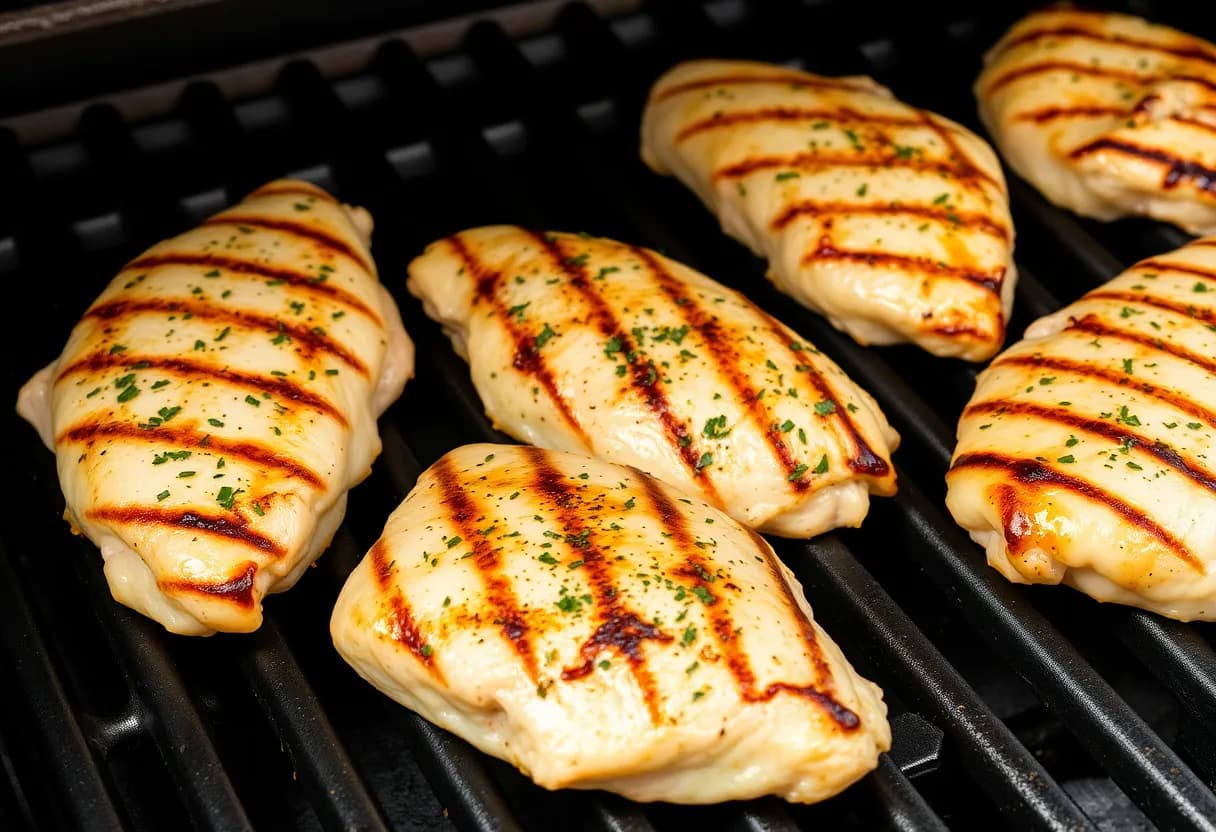 Chicken breasts on grill with distinctive grill marks and golden color