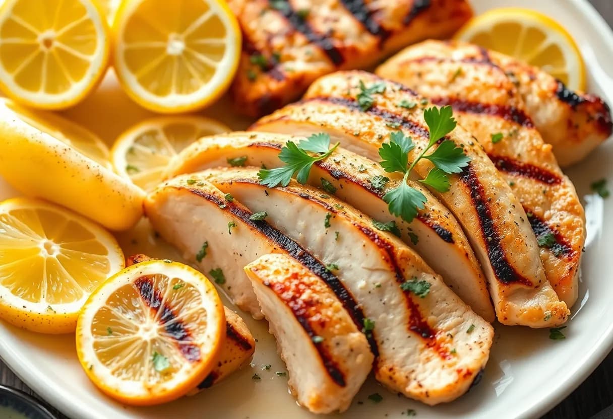 Sliced grilled chicken on serving plate with lemon wedges and fresh herb garnish
