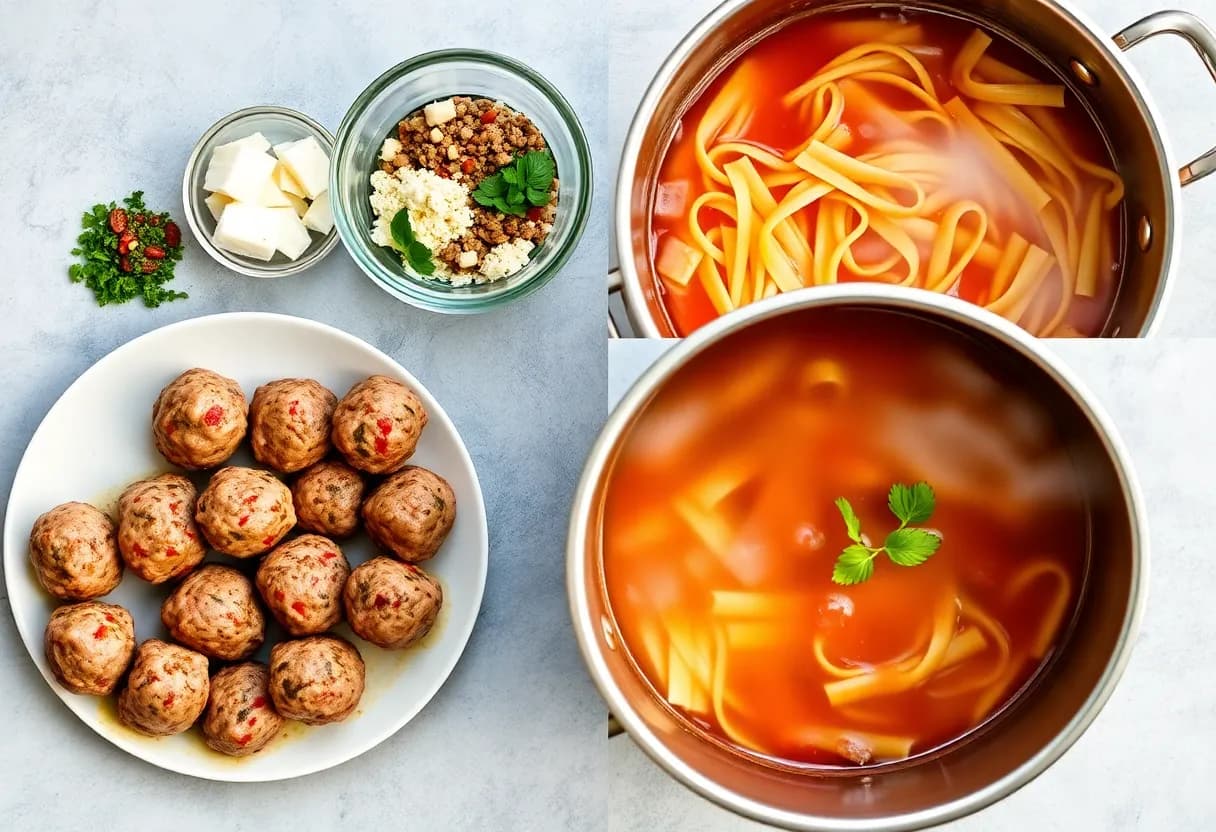 Raw meatballs arranged on a plate next to a mixing bowl with ingredients, and pasta boiling in a large pot
