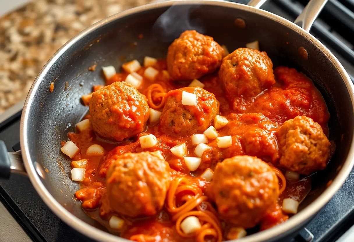 Golden-brown meatballs sizzling in a skillet with diced onions, ready to have marinara sauce added
