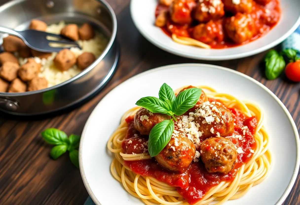 Final plated dish with meatballs and marinara sauce over pasta, garnished with fresh basil and Parmesan cheese