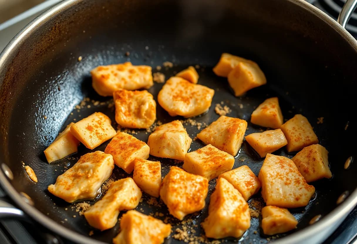 Golden-brown chicken strips sizzling in a skillet with taco seasoning creating a flavorful coating