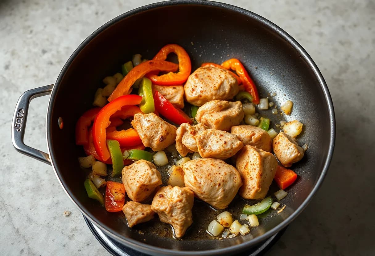 Colorful bell peppers and onions cooking alongside seasoned chicken in the skillet
