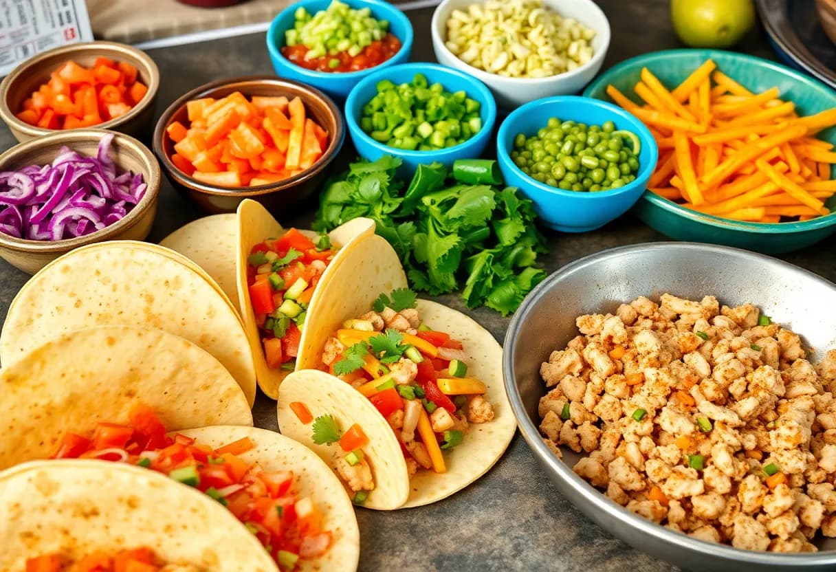 A colorful taco bar setup with bowls of fresh toppings, warm tortillas, and the seasoned chicken mixture ready for assembly