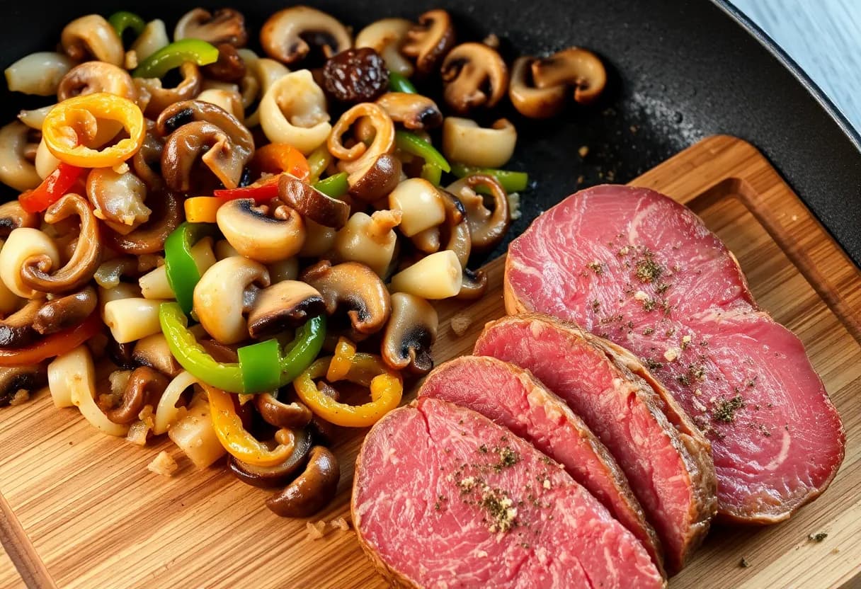 Caramelized onions, peppers, and mushrooms in a skillet, golden brown and tender, with seasoned raw ribeye slices on a cutting board