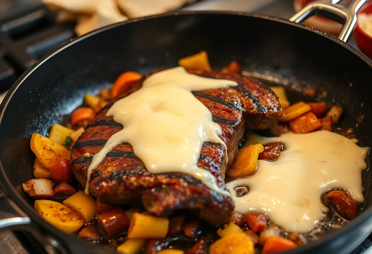 Sizzling ribeye steak cooking in a hot skillet with melted provolone cheese on top, mixed with caramelized vegetables