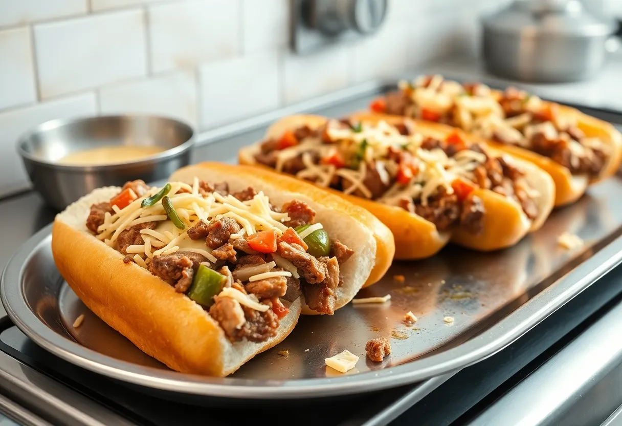 Assembled Philly cheesesteaks on warm hoagie rolls, overflowing with cheesy steak and vegetable mixture, ready to serve
