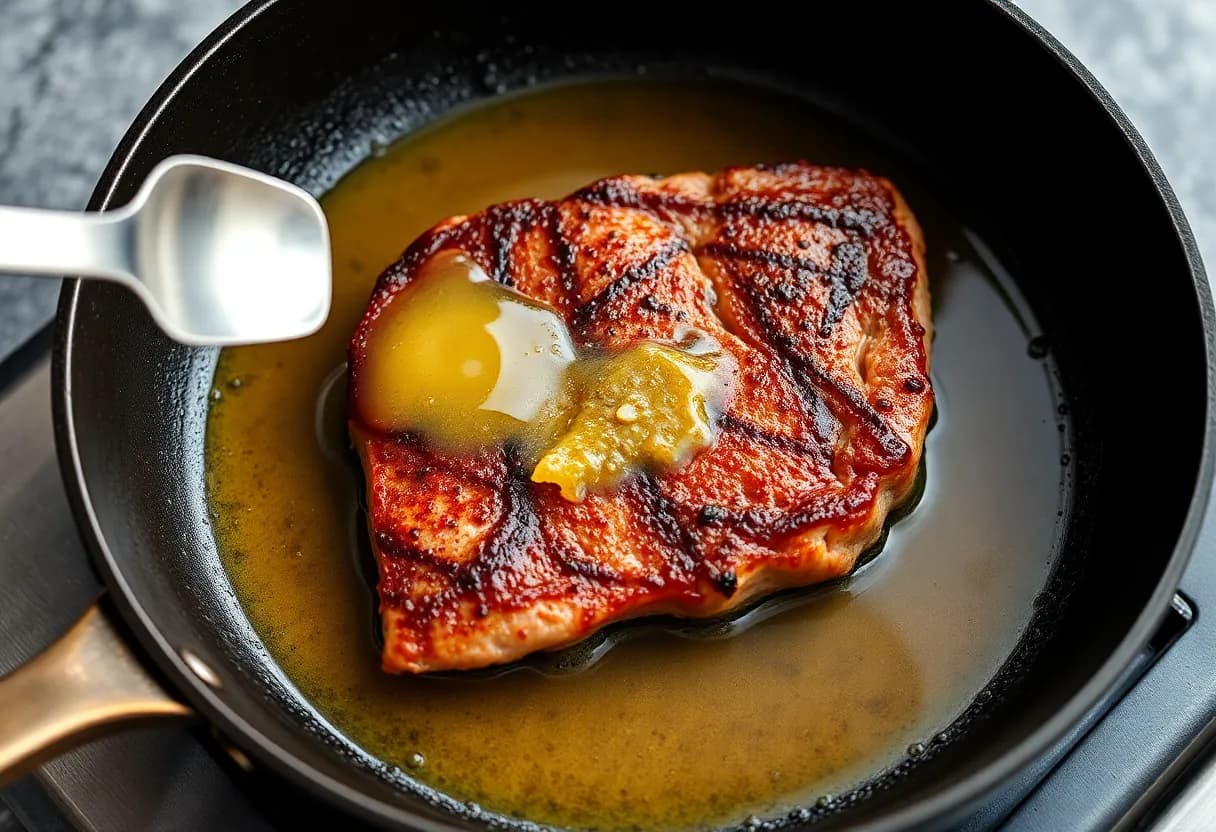 Perfectly seared steak in a cast iron skillet with a golden-brown crust, being basted with melted butter