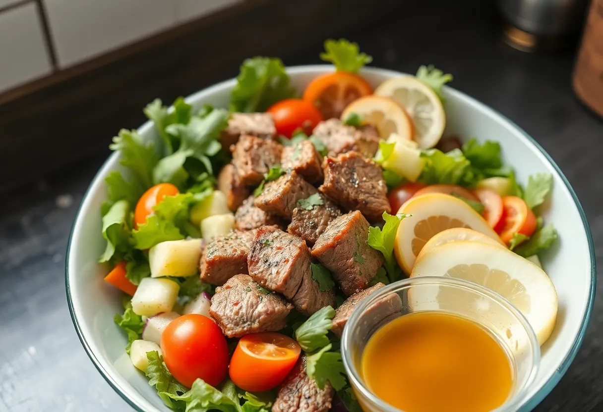 Fresh salad ingredients arranged in a large bowl with a small bowl of golden balsamic vinaigrette alongside