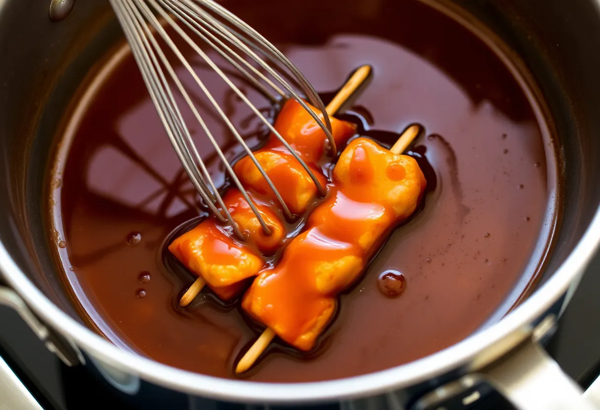 Glossy teriyaki sauce simmering in a saucepan with a whisk, showing the sauce thickening