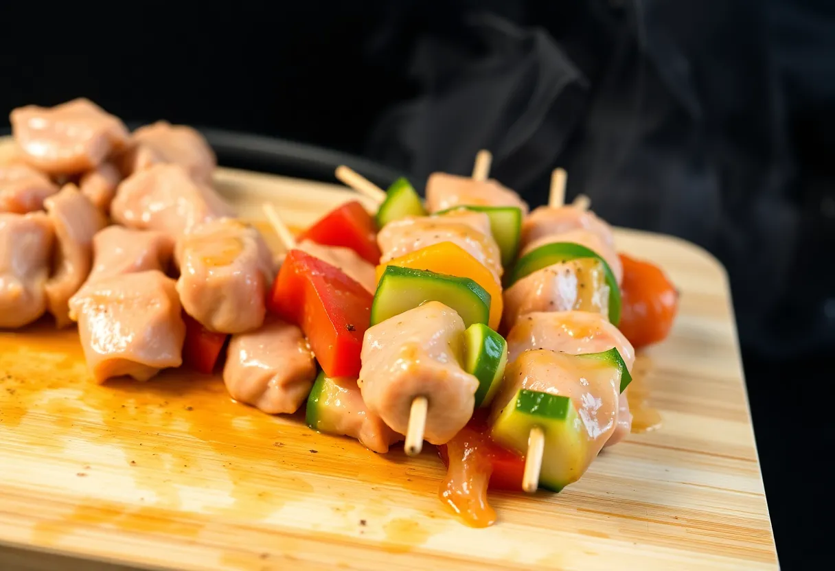 Raw chicken and vegetable skewers arranged on a cutting board, ready for grilling