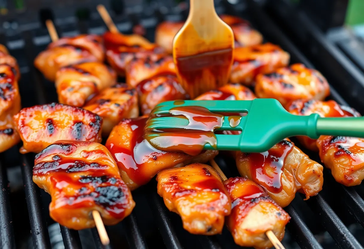 Chicken skewers on a grill with beautiful char marks, being brushed with glossy teriyaki sauce