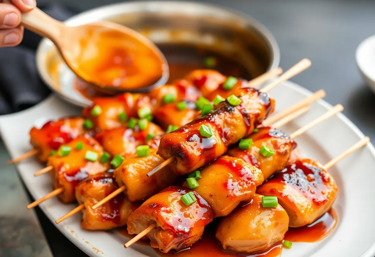 Finished teriyaki chicken skewers on a serving platter, glazed and garnished with green onions